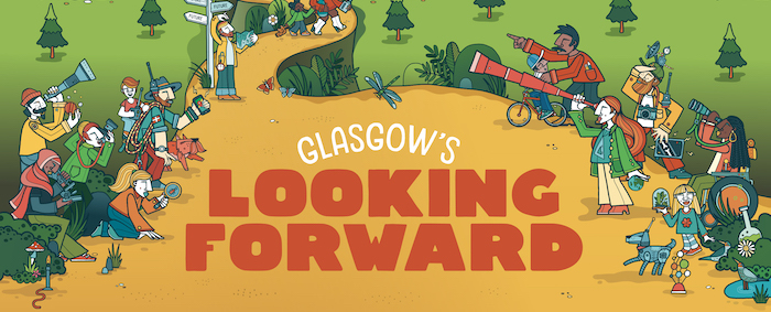 A cropped version of the launch poster for the 2023 Glasgow Science Festival showing the theme for this year, 'Glasgow's Looking Forward'
