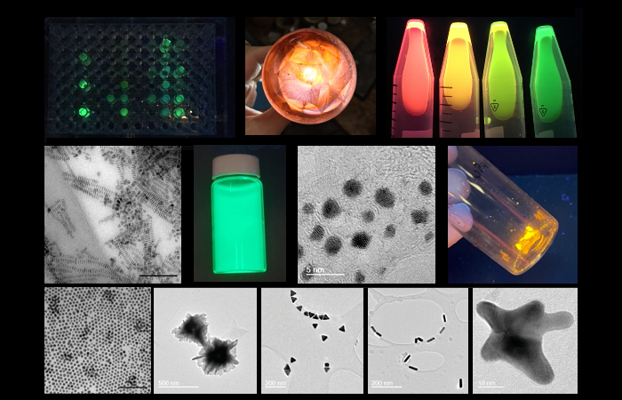 Composite image of nanoparticles by electron microscopy and fluorescent solutions of these nanoparticles