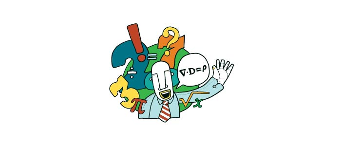Cartoon mathematician with equations and numbers. 