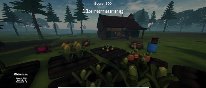Video game graphic of a house and a green area in front with flowers and plants. It has text which says Score:300, 11s remaining