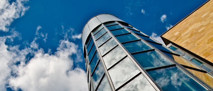 Looking up at the top of the BHF Biomedical building tower