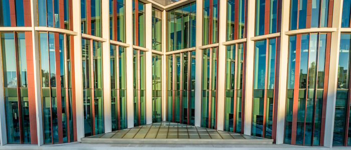 ARC building windows above the entrance as seen from a drone
