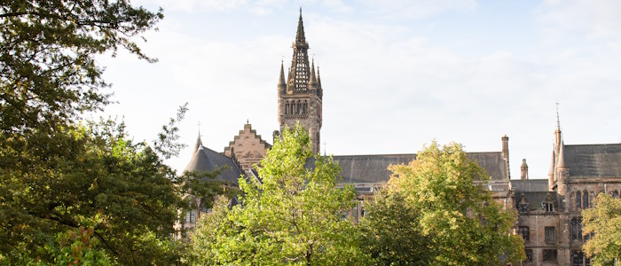 University of Glasgow main building view through the trees