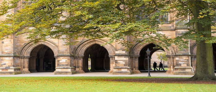 External shot of the university Main Building, looking into the Cloisters