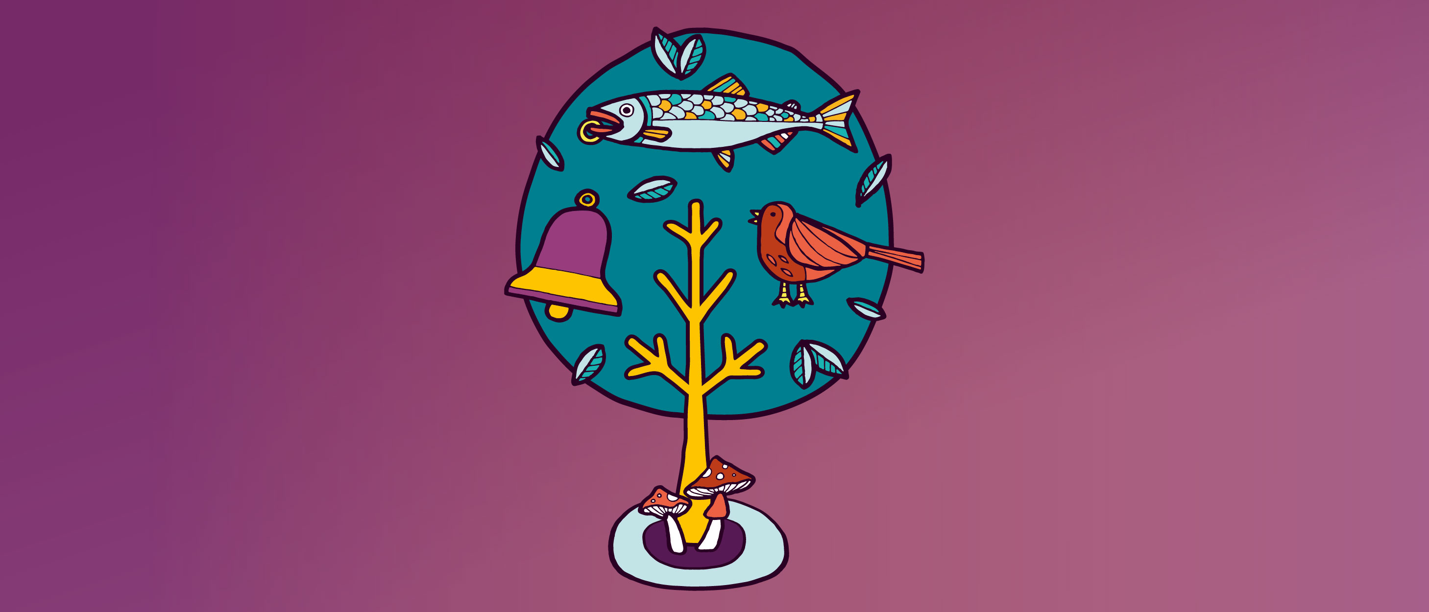 Cartoon image of a tree with mushrooms at the base. In the tree is a bell, a bird and a fish. 